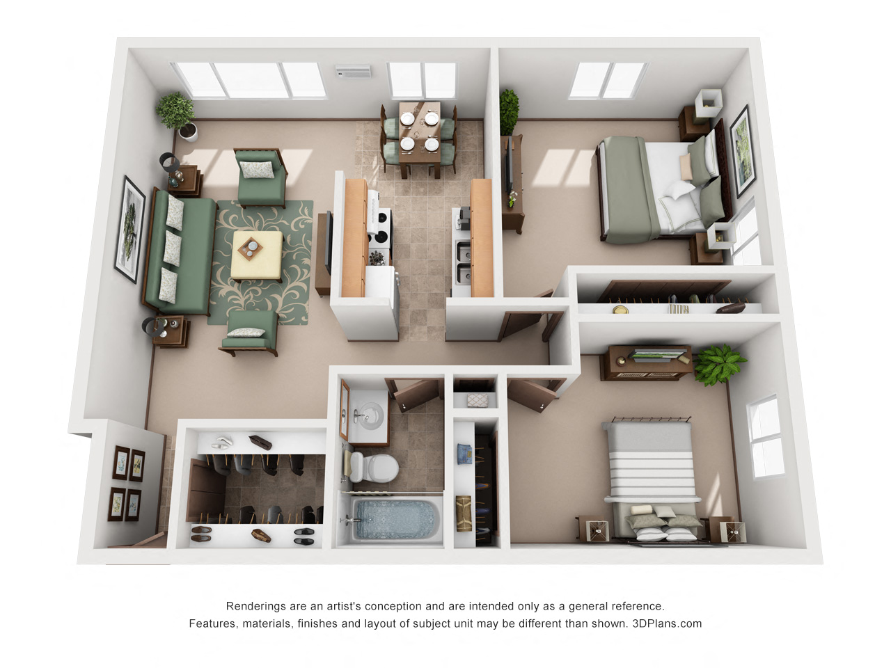 Floor plan for 2 beds, 1 bath, 860 sqft